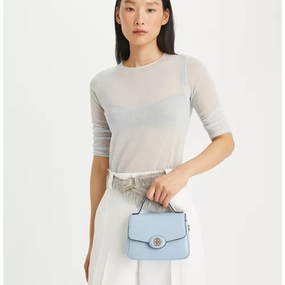 🎄NWT Tory Burch Pale Blue Small Robinson Spazzolato Top Handle Bag - Picture 2 of 11